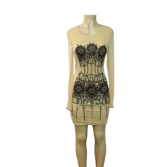 Kora Rae Mesh Beaded Dress Size M Beige Mini Bodycon Long Sleeve Embellished - Picture 5 of 16